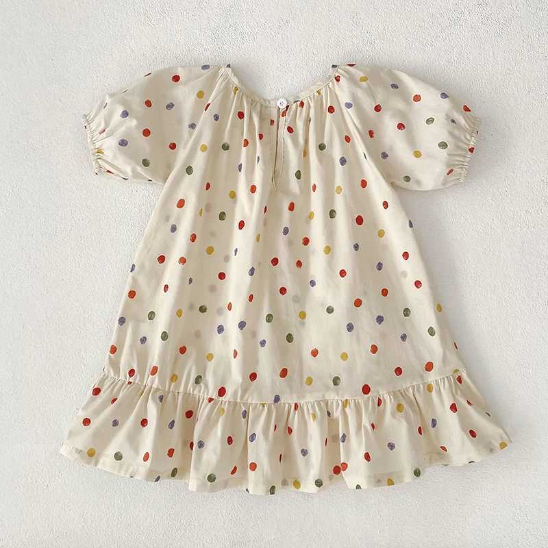 New Girls Puff Sleeve Dress Summer Cute Colored Dots Printed Princess Dress Toddler Kids Clothes 2-6Y Ruffled Collar Clothing R250707