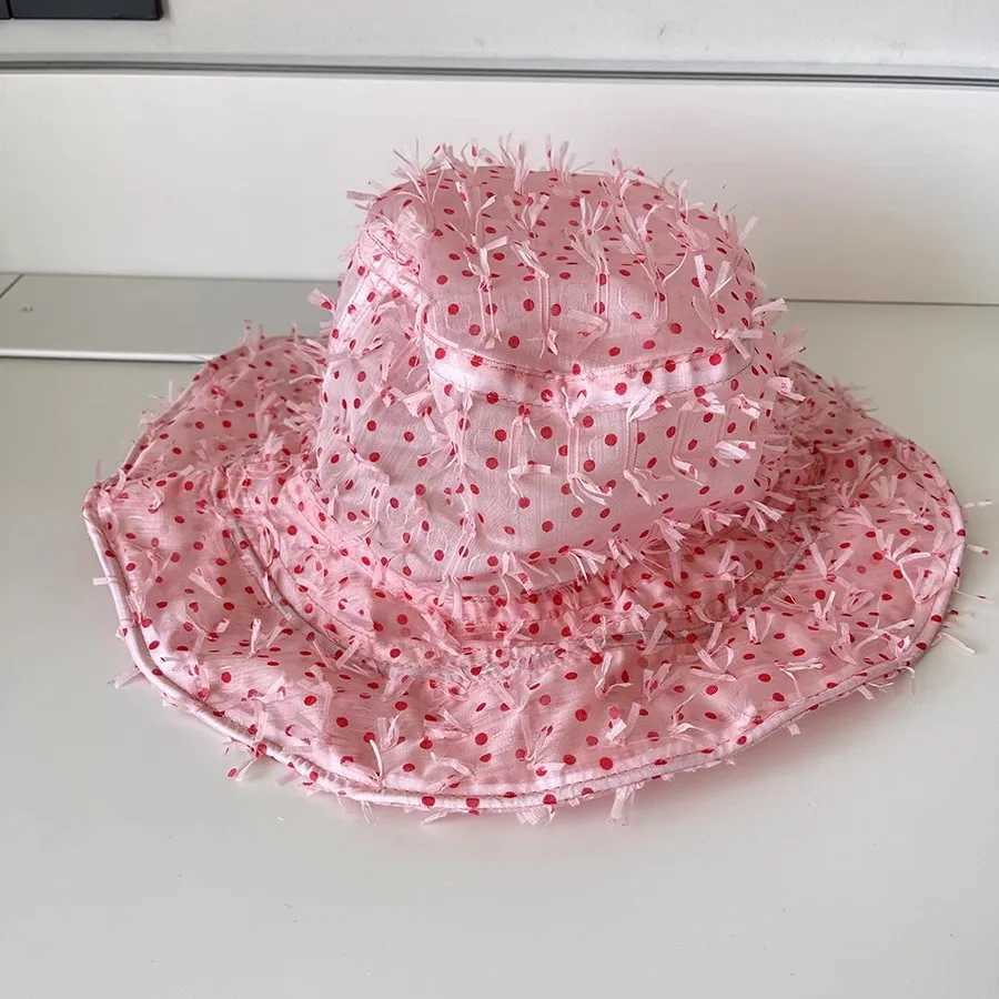 Niche Pink Polka Dot Mesh Bucket Hat Womens Spring and Summer Thin Sunscreen Sun Hat Korean Sweet Washbasin Hat Y250707