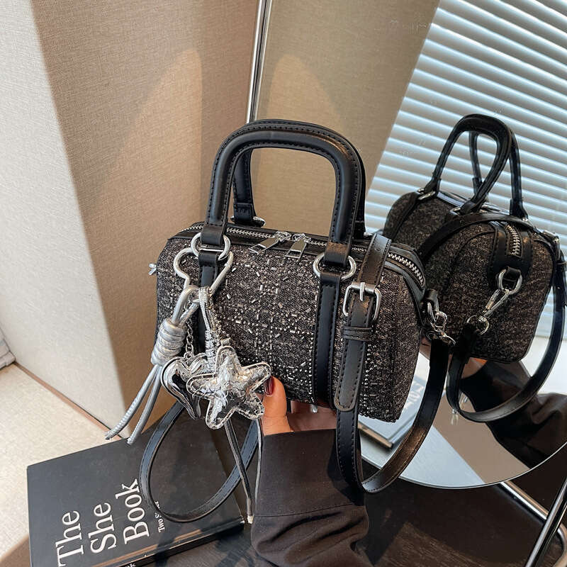 2025 New Free shipping Fashion Handbag Denim Rhinestone Boston Women's High-end Single Shoulder Crossbody Casual Bag