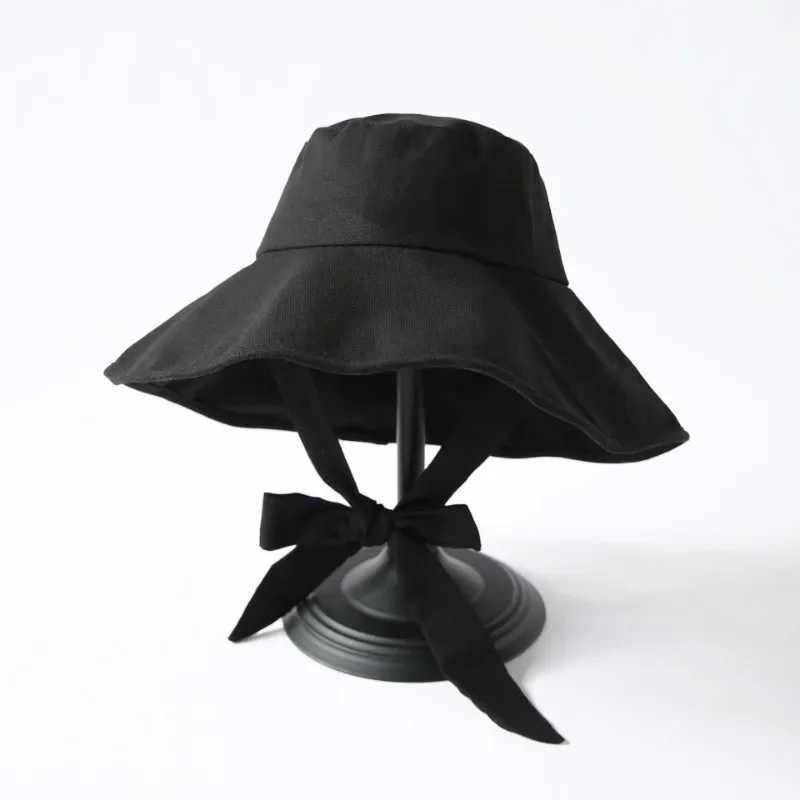 Summer Spring Japan Tie Bucket Hat Women Korean Big Brim Fisherman Hat Foldable Sunscreen Chic Cotton Linen Beach Sun Hat Y250707