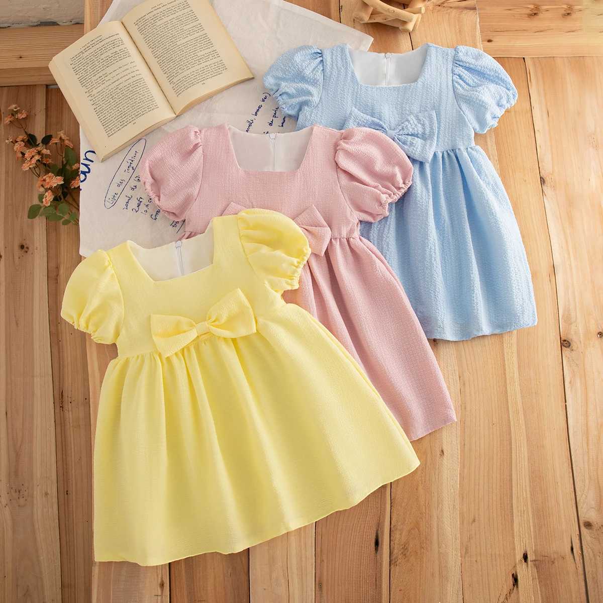 Baby Girl Dress Summer Bow Solid Color Square Neck Bubble Sleeve Simple Girls Dress Cute Casual Baby Girl Clothing R250707
