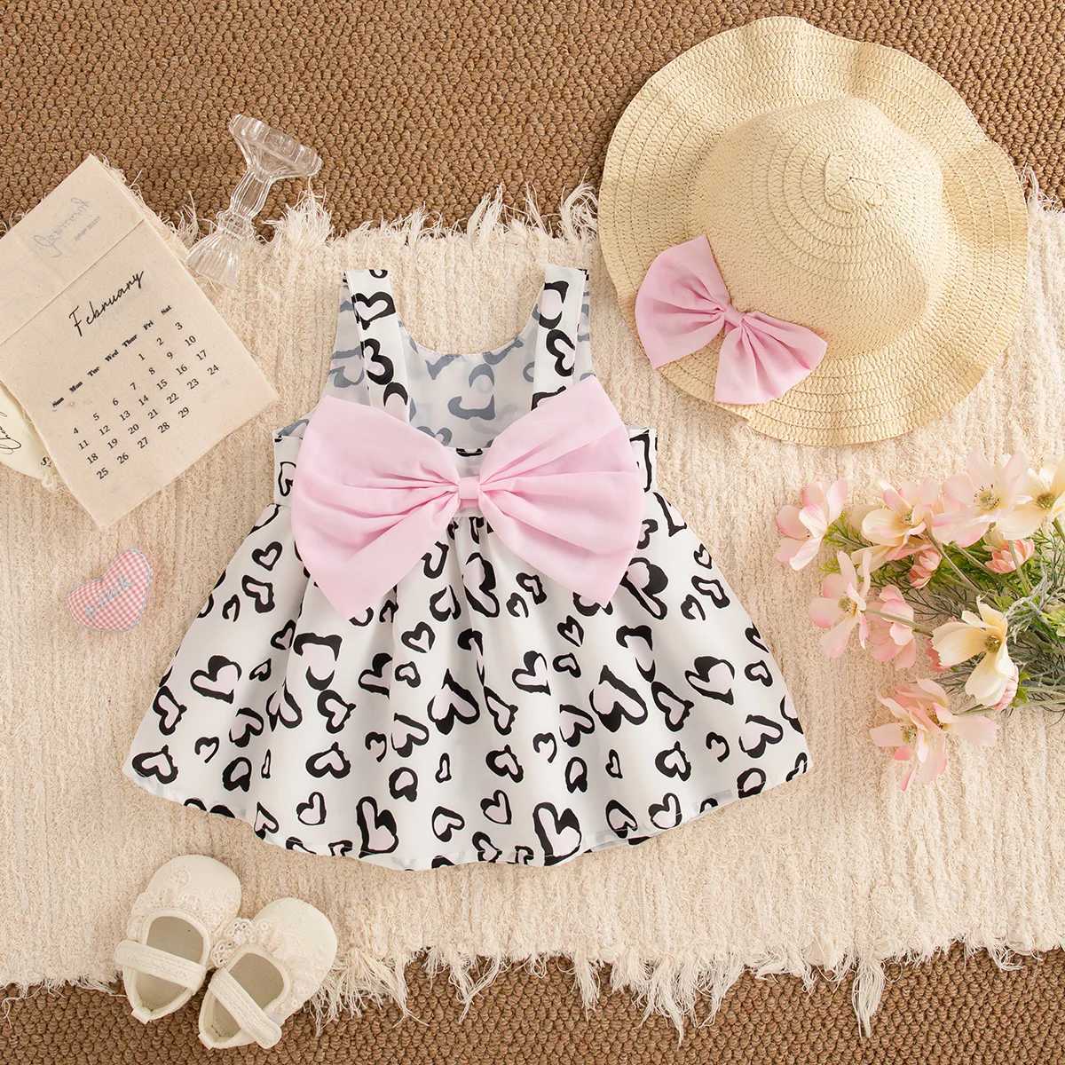 Baby Clothes Girl Summer Bow And Heart Leopard Pattern Halter Dress Cute Casual Beach Girl Kids Dress With Hat R250707