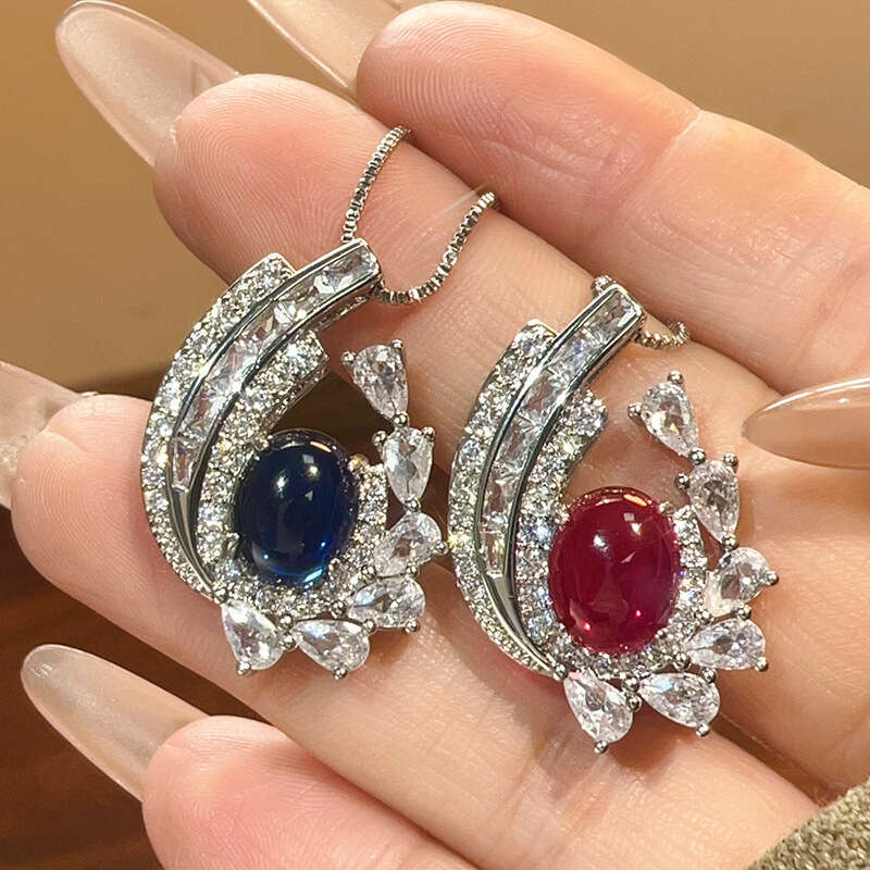New Pendant Jewelry Imitation Red Corundum Blue Spinel High-End Fashion Women's Necklace 21E