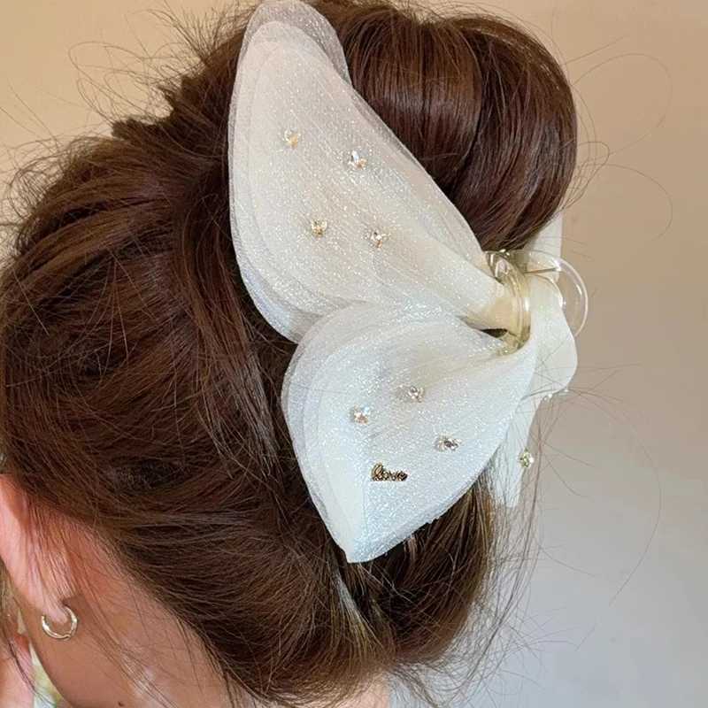 Large Size French Butterfly Knot Hair Claw Shiny Diamond Mesh Hair Clip Elegant Shark Clamp Womens Hair Accessories HairClaw Y250707