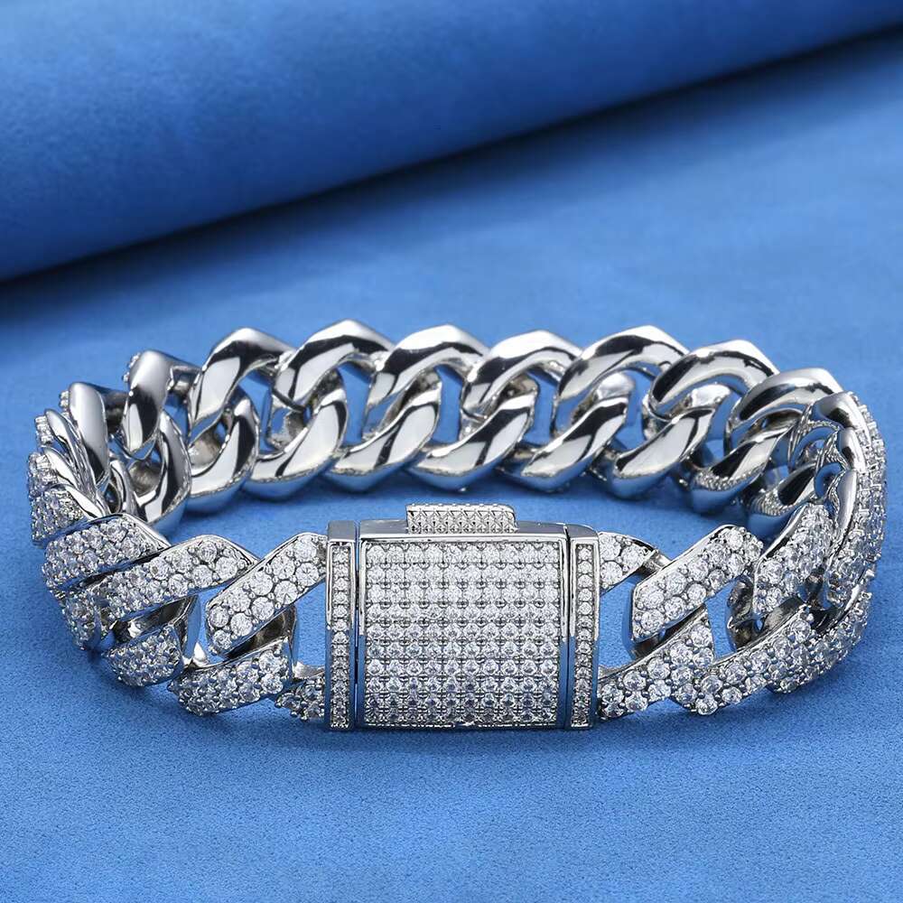 Eskeem 925 Sterling Silver VVS Moissanite 15mm 2 Rows Cuban Link Bracelet Brilliant Shining Jewelry Diamond Test Passed