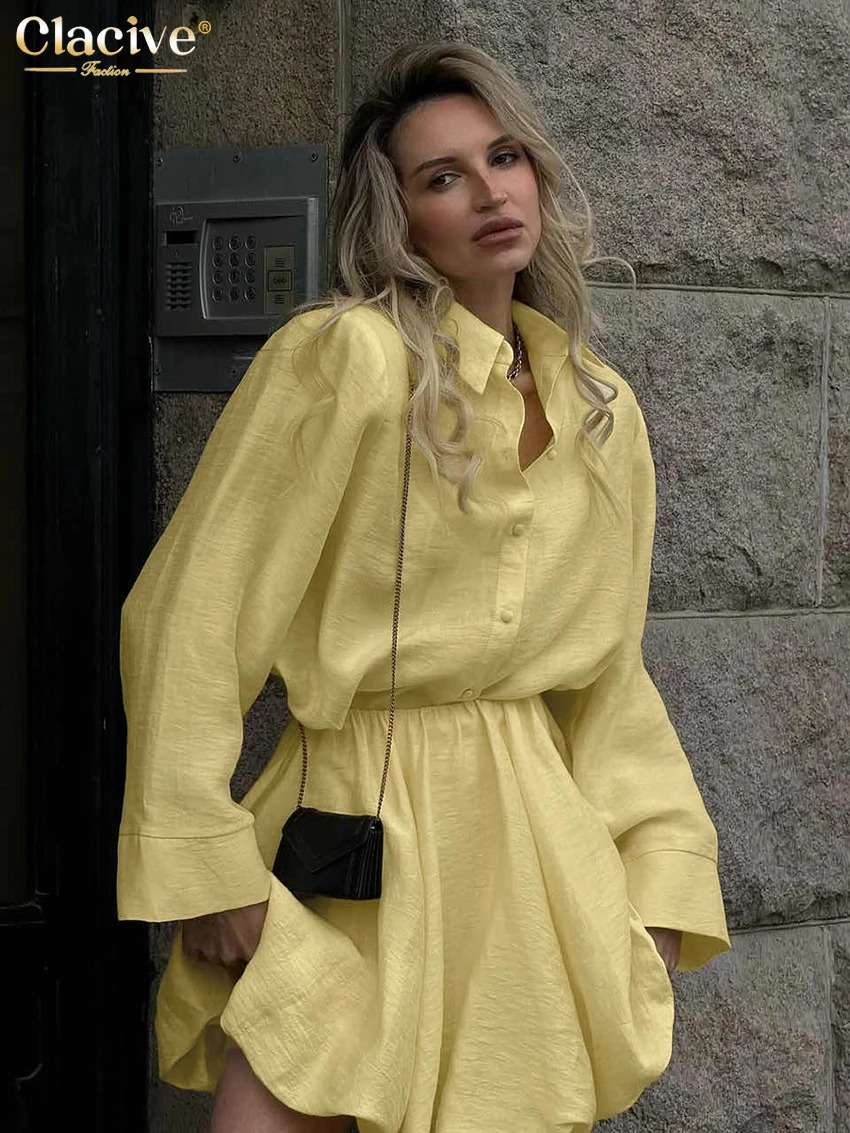 Clacive Fashion Loose Yellow Womens Two Pieces Set 2025 Elegant Long Sleeve Shirt With High Waist Pleated Mini Skirt Set Female 250703