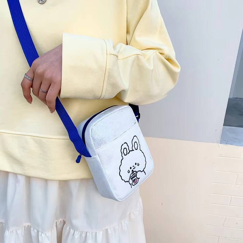 Cute Bear Rabbit Print Crossbody Bags For Women Girls Mini Canvas Square Purse Trendy Cartoon Handbags Shoulder Phone Bag New ddmynov
