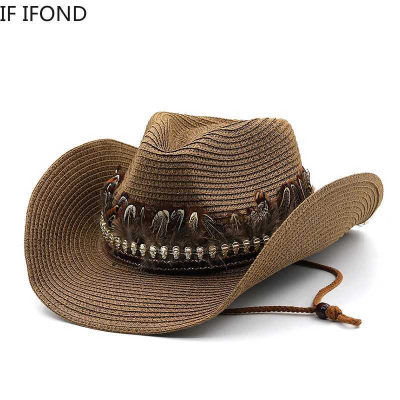 Hand Made Straw Western Cowboy Hat For Women Men Summer Curling Brim Beach Sun Hats Panama Cowgirl Jazz Cap Y250707