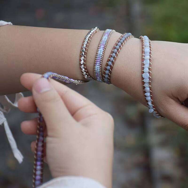 Bohemian Woven Wrapped Japanese Miyuki Seed Beads Bay Agate Leather Bracelet Women's Gift & ODM