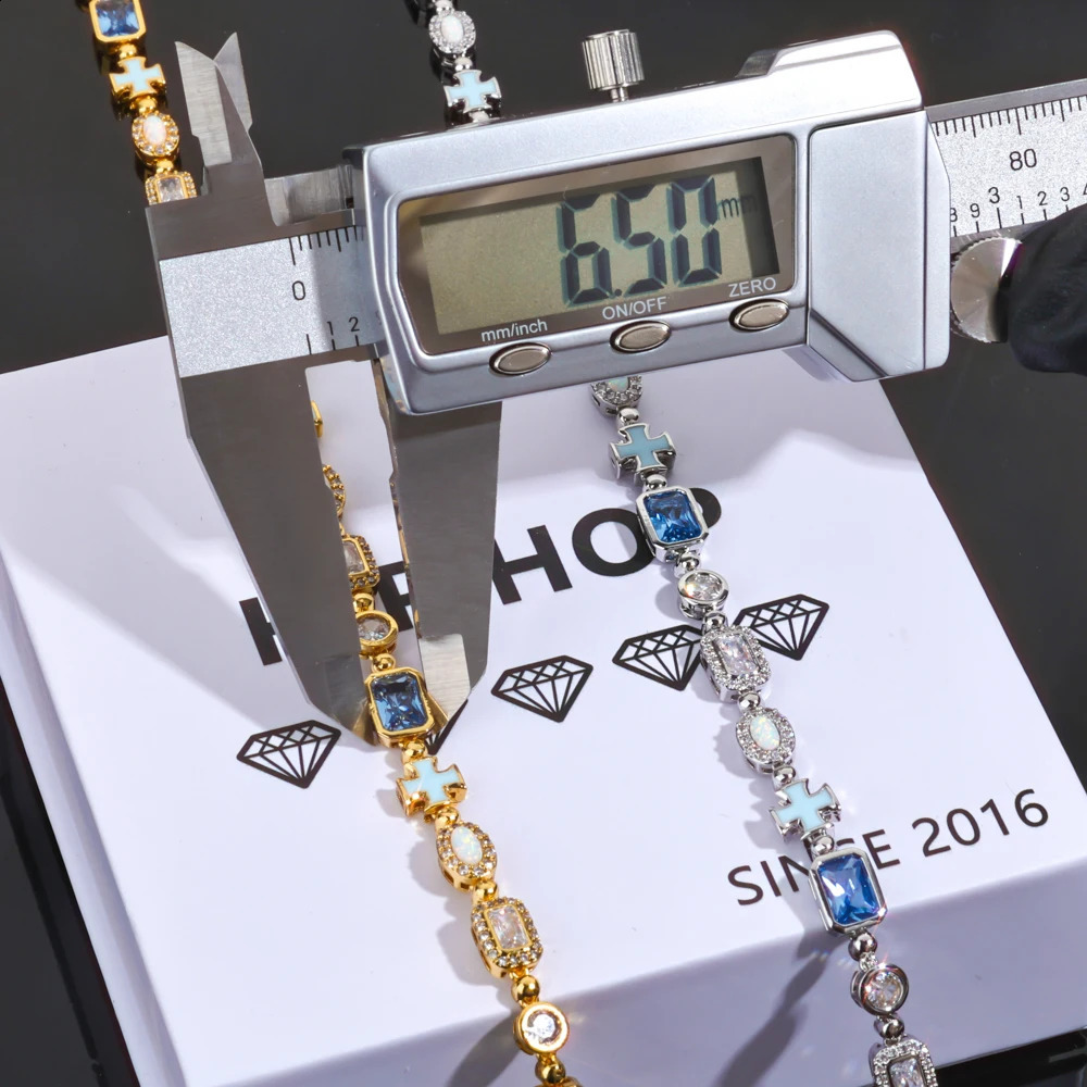 Custom n Street Hip Hop Jewelry Multi Color Gemstone Enamel Tennis Bracelet Iced Out Motif Cross 250707