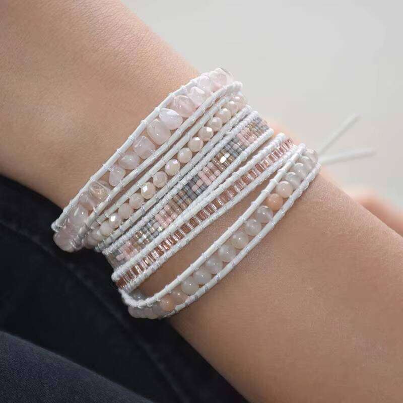 Bohemian Woven Fully Handmade Miyuki Seed Beads Rose Quartz Leather Bracelet Jewelry