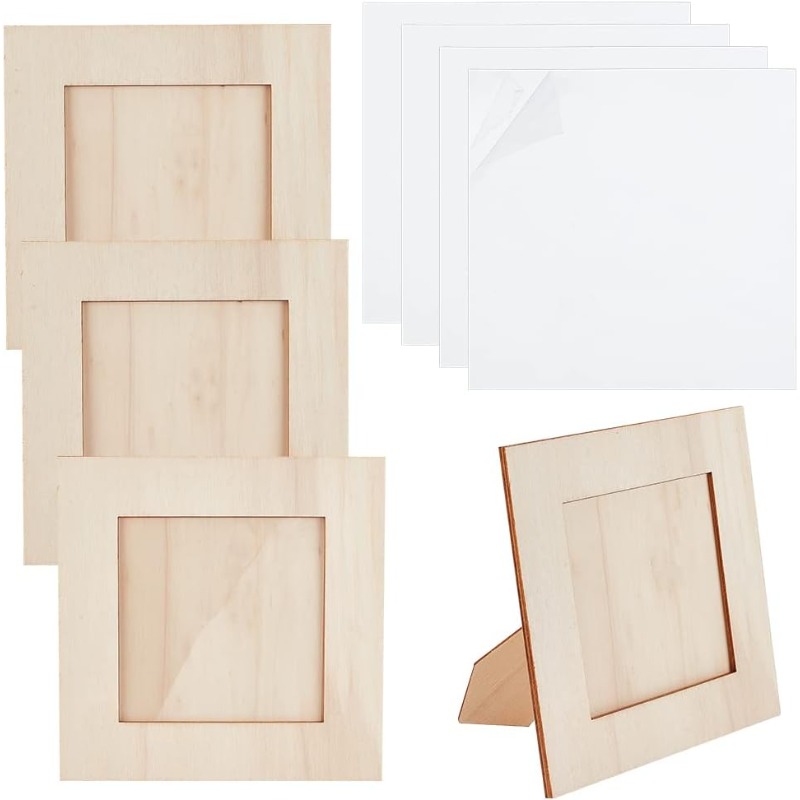 4pcs Unfinished Wooden Picture Frame Square x 6.3 Craft Set Natural Wood DIY Photo Frames for Tabletop Display H260306
