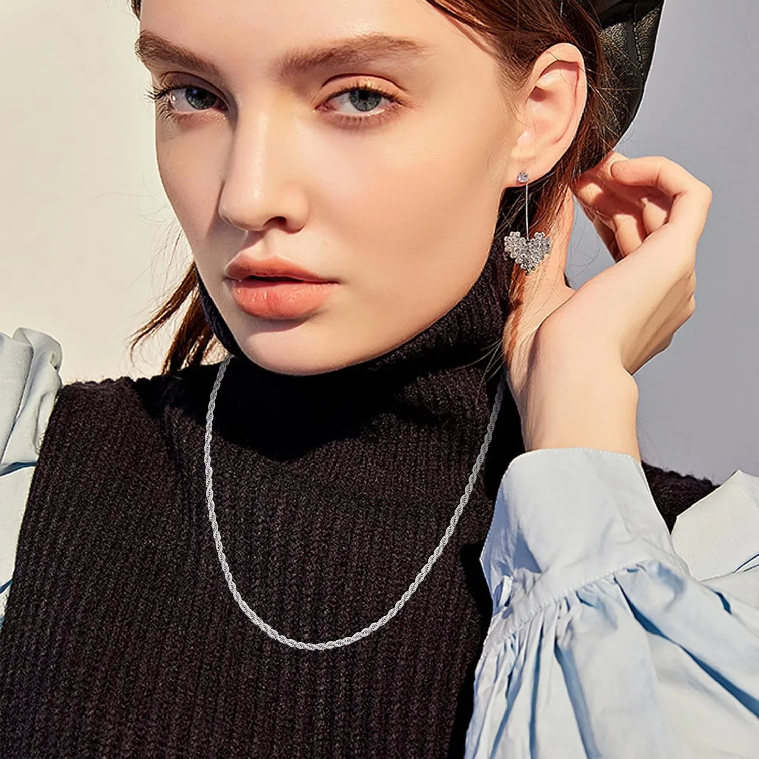 Fansilver 925 Sterling Silver Rope Chain Necklace for Women Men White Gold Plated Lobster Claw Clasp Sterling Silver Neck Chain 250702