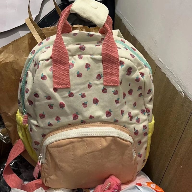 designer Xiaohongshu Hot-Selling Canvas Strawberry Backpack Girly Dopamine Color-Block Backpack Cute Casual Travel School Bag