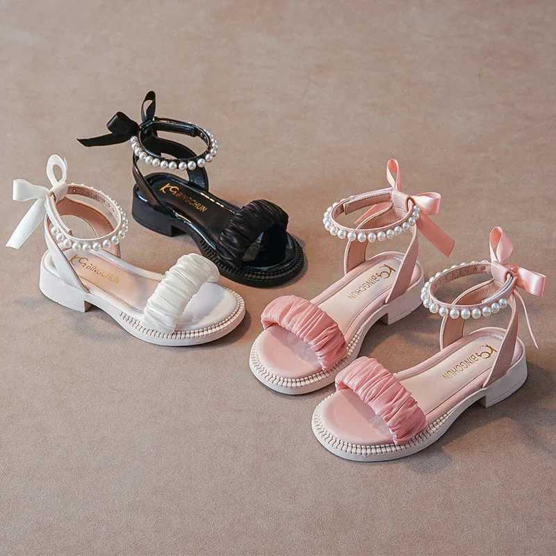 Childrens Sandals Summer Elegant Girl Princess Dress Bowtie Sandals Fashion Beading Ankle Strap Kids Casual Sweet Roman Sandals R250707