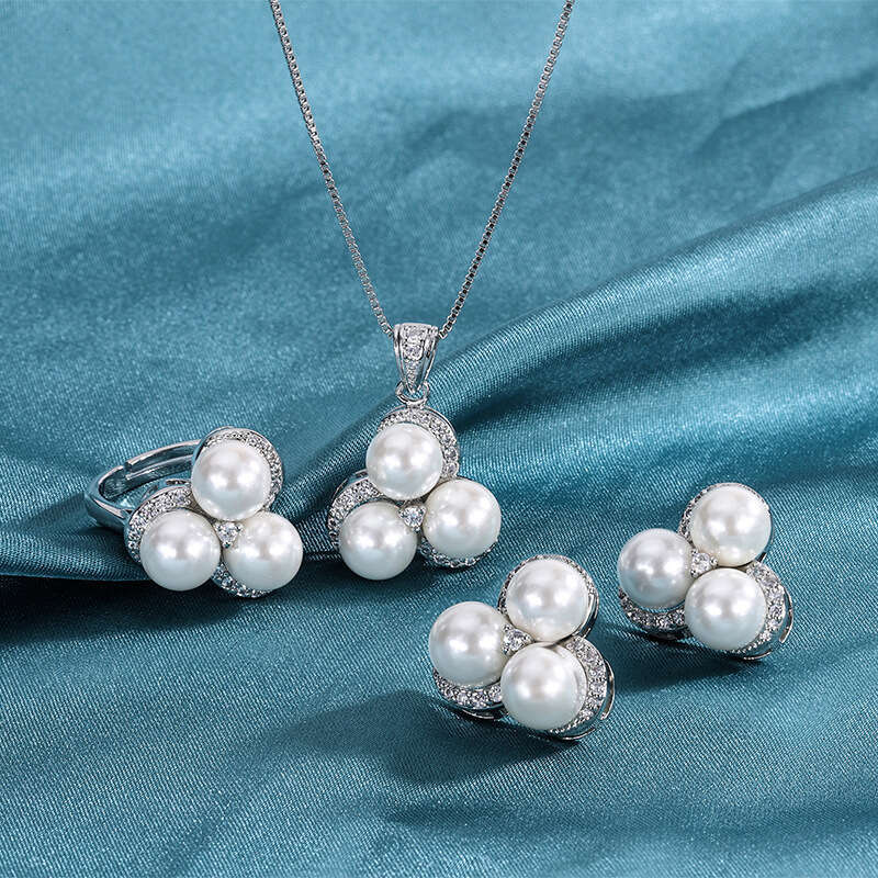 Gold-Plated Copper Live Hot Style Fashion Pearl Micro-Inlaid Dia Earrings Ring Necklace Three-Piece Set For Women A03