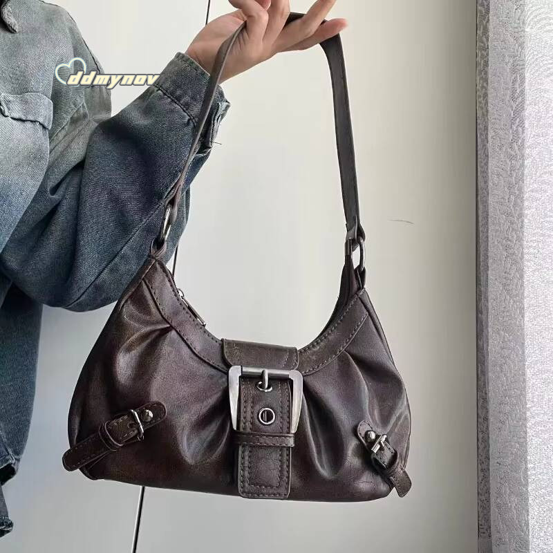 2025 Spring Hot Selling Maillard Retro Small Spicy Girl Y2K Wasteland Style Vintage Leather Shoulder Armpit Bag ddmynov