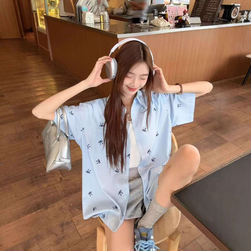 Pink Printed Bow Short Sleeve For Women Summer Sweet Design Sense Niche Stylish Thin Shirt Jacket B5