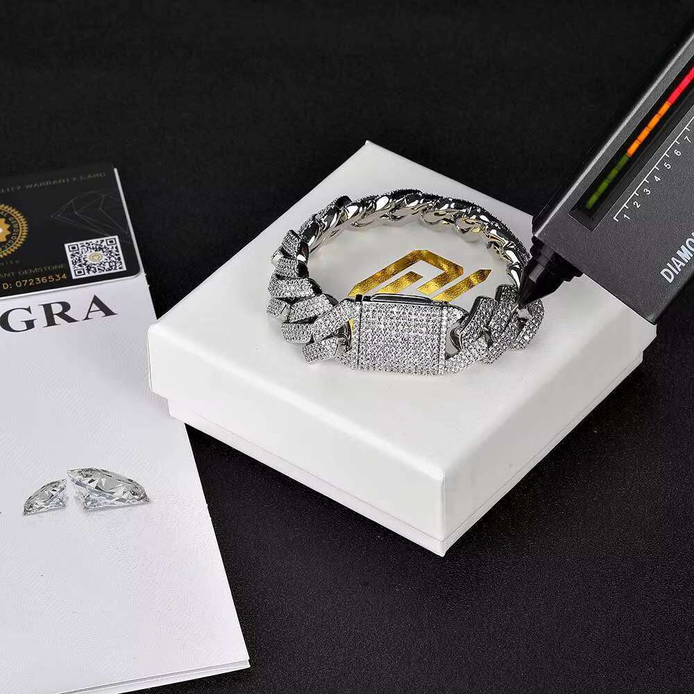 20MM Moissanite Miami Cuban Link Chain in Silver 925 19MM Cuban Chain Bracelet Hiphop Jewellery Diamond Tennis Chain Men