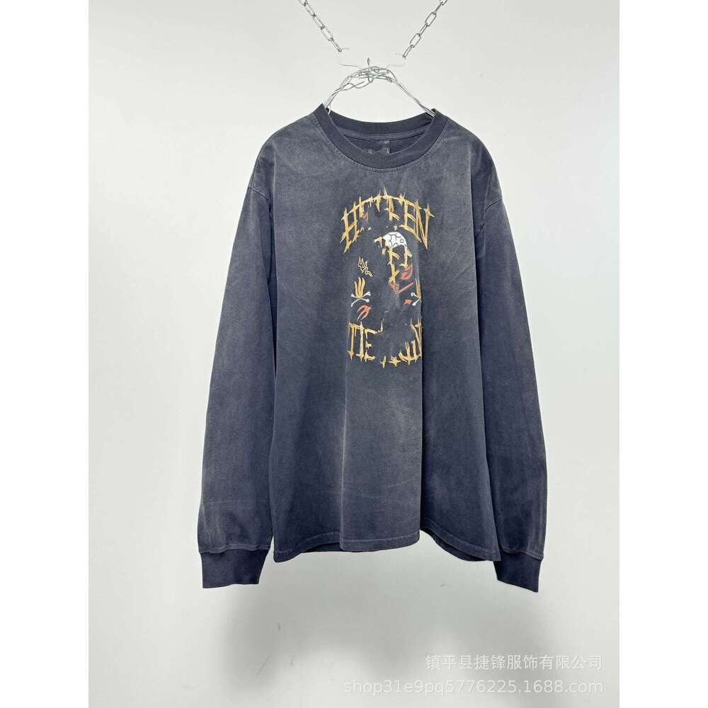 Autumn Winter New Washed Vintage Letter Print High Street Unisex Crew Neck Long Sleeve T-Shirt Trendy