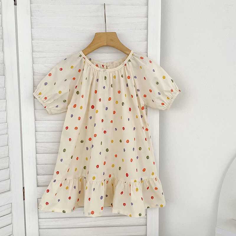 New Girls Puff Sleeve Dress Summer Cute Colored Dots Printed Princess Dress Toddler Kids Clothes 2-6Y Ruffled Collar Clothing R250707