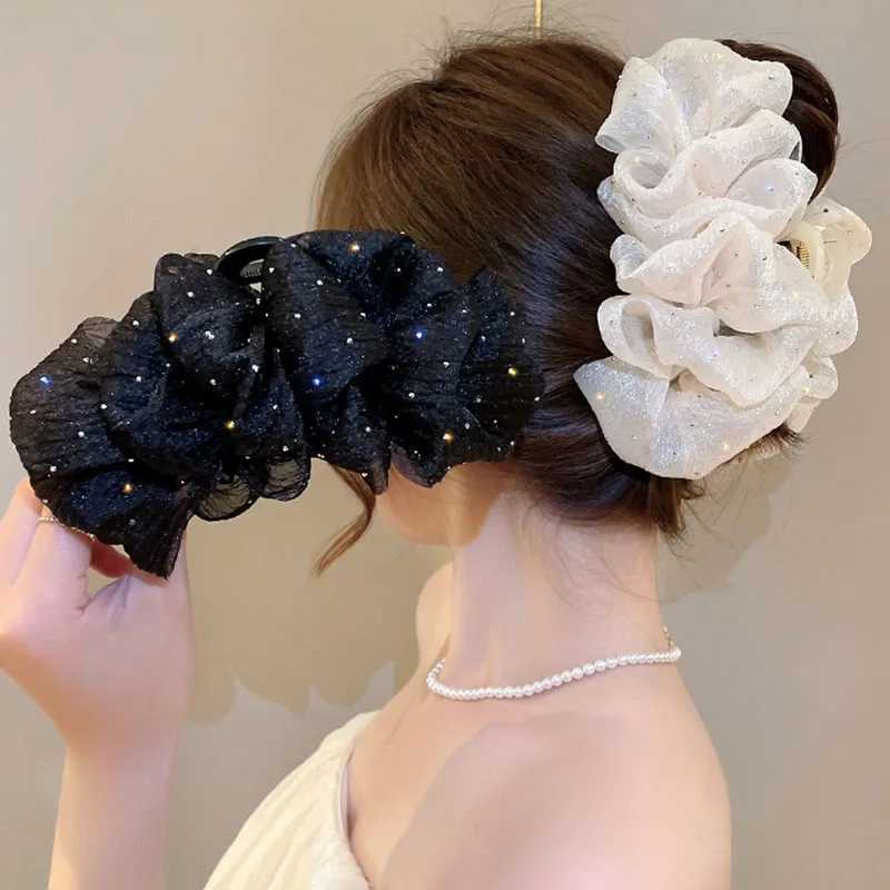 Summer Sweet Mesh Tulle Big Bow Hair Claw Clips for Women Solid Colors Elegant Bowknot Ponytail Clip New Hair Accessories Y250707