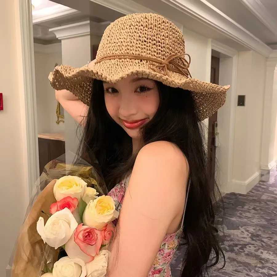 New Holiday Beach Fisherman Hat Seaside Sun Protection Sun Hat Large Brim Bow Woven Straw Hat Women Panama Chapeau Korean Y250707