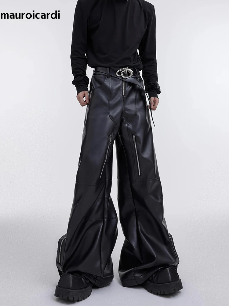 Mauroicardi Autumn Long Black Baggy Pu Leather Wide Leg Cargo Pants for Men Threedimensional Pockets Clothes 250704