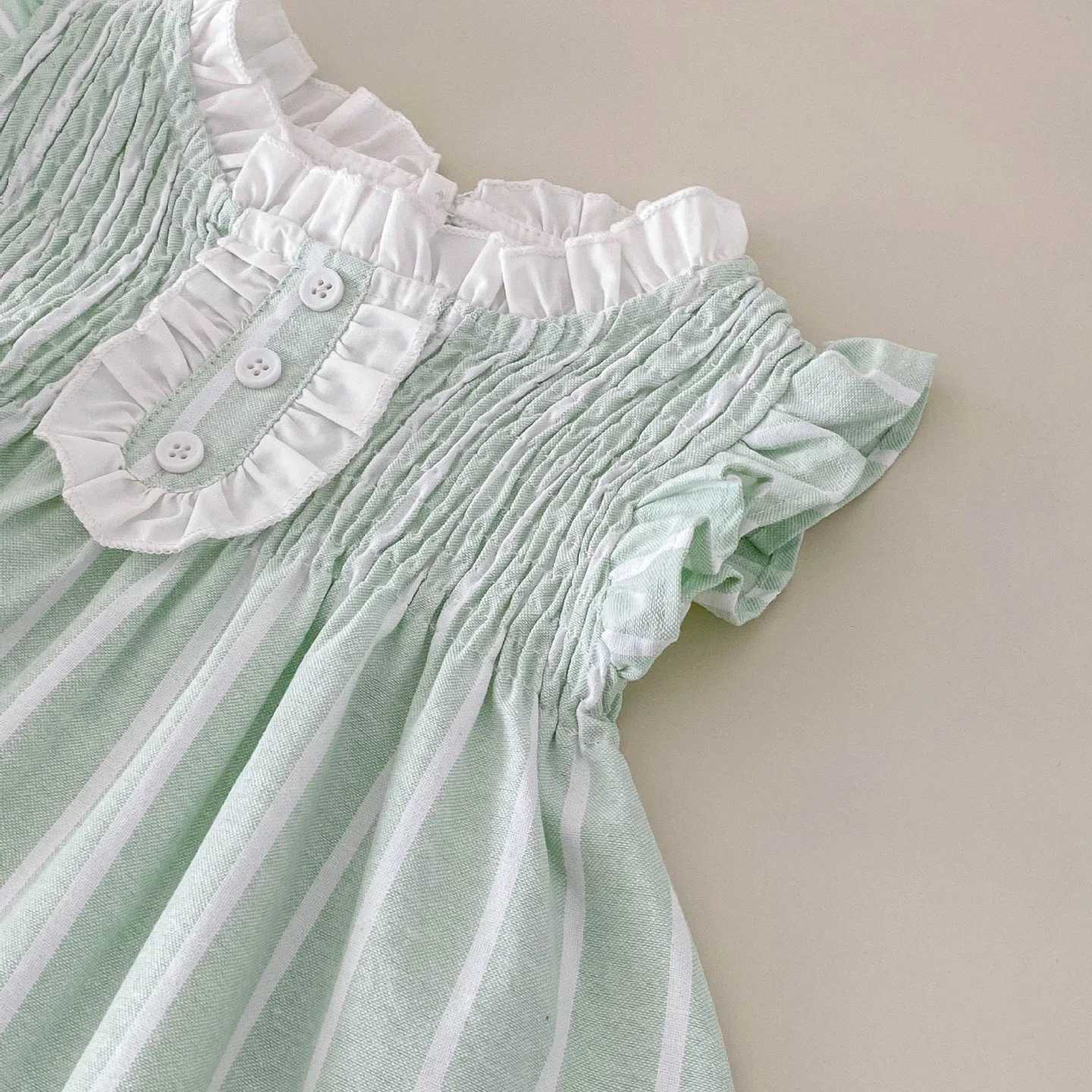 2025 Summer New Korean Style Fashionable Sweet Girls Light - Green Ruffled - Lace Sleeves - Cotton Princess Dress with Collar R250707