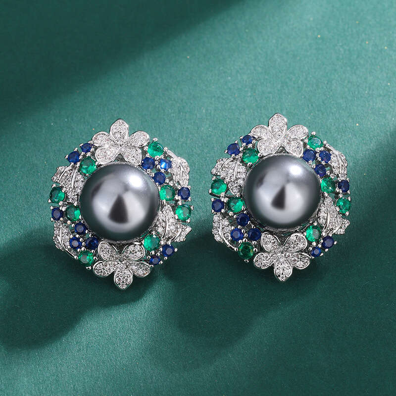 Gray Ring Tahitian Deep Sea Emerald Zircon Flower Necklace Pearl Stud Earring Set Jewelry For Women 8Ba
