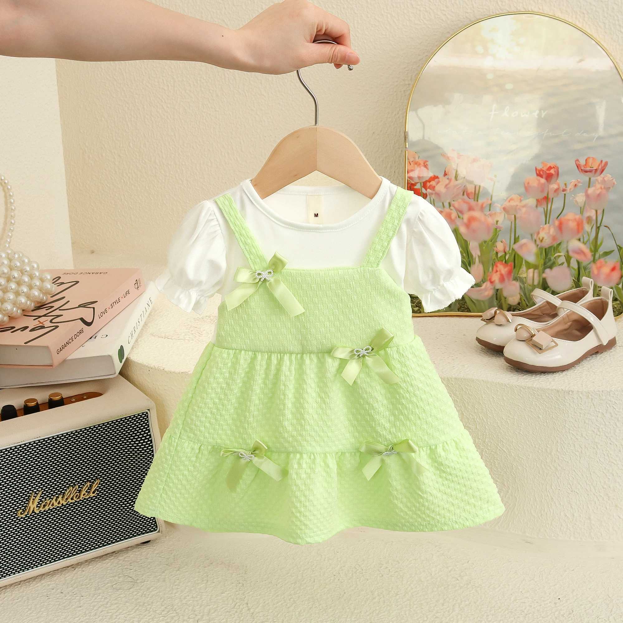 Summer Baby Girl Dresses New Short Sleeved Sweet Toddler Dress Solid Color Bow Plaid Imitation Two Pieces Baby Clothes R250707
