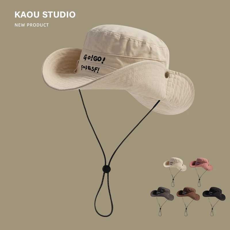 Japanese Retro Big Brim Sunshade Mens Caps New Spring and Summer Outdoor Hiking Camping Drawstring Bucket Hats for Women Y250707