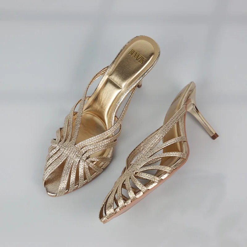 Gold Hollow Thin Strip Heels for Women Pointed Toe Heeled Pumps Office Lady Mules Summer Stiletto Shoe Sandals 2025 250703