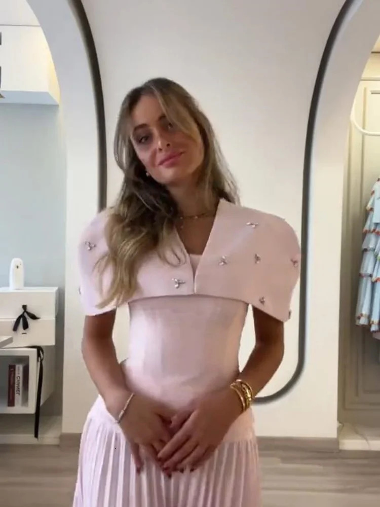 Shawl Tank Skirt Sets Women Elegant Sleeveless Pleated Diamonds Slim Vest A Line Skirts Summer Evening Lady Party Outfits 250709