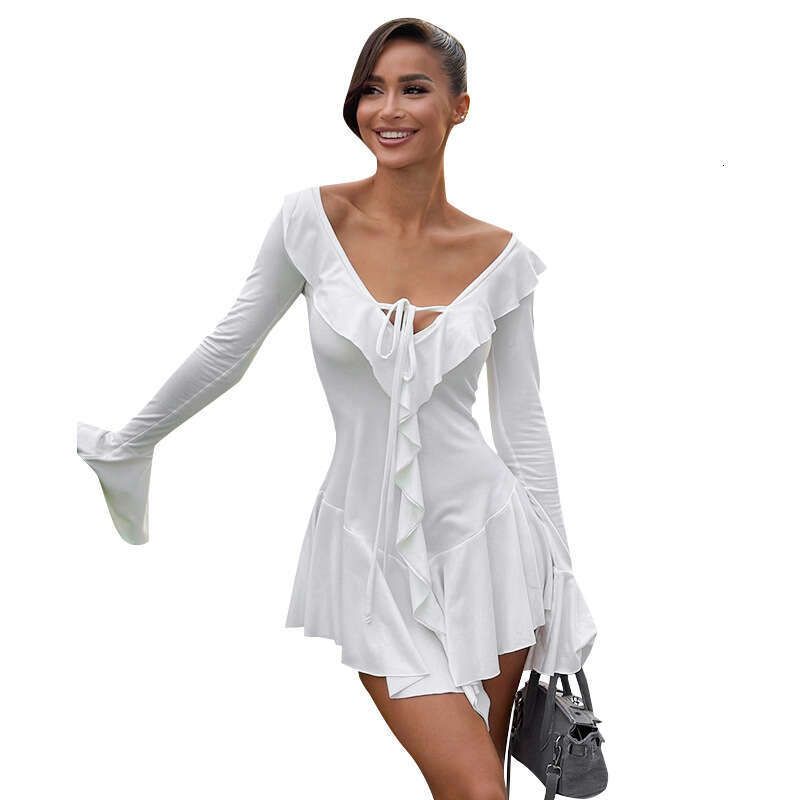 Women's Fashion New Ins Style Sexy Slim Fit Ruffled Long Sleeve Tie Dress B5