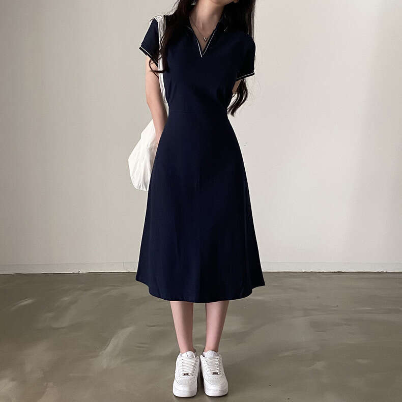 Women's Summer Dress French Style Korean Version Polo Collar Block Trim Waist Slimming Short Sleeve Cotton Solid Color B5