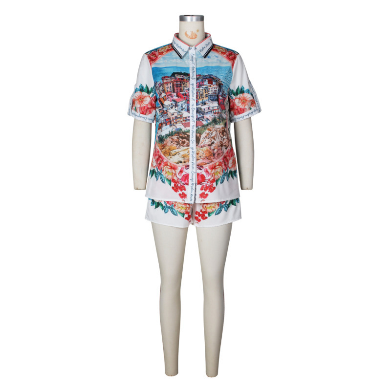 Women Tracksuits Two Pieces Set 2025 New Personalized Positioning Printed Short-sleeved Shorts Color Matching Vacation Casual Suit