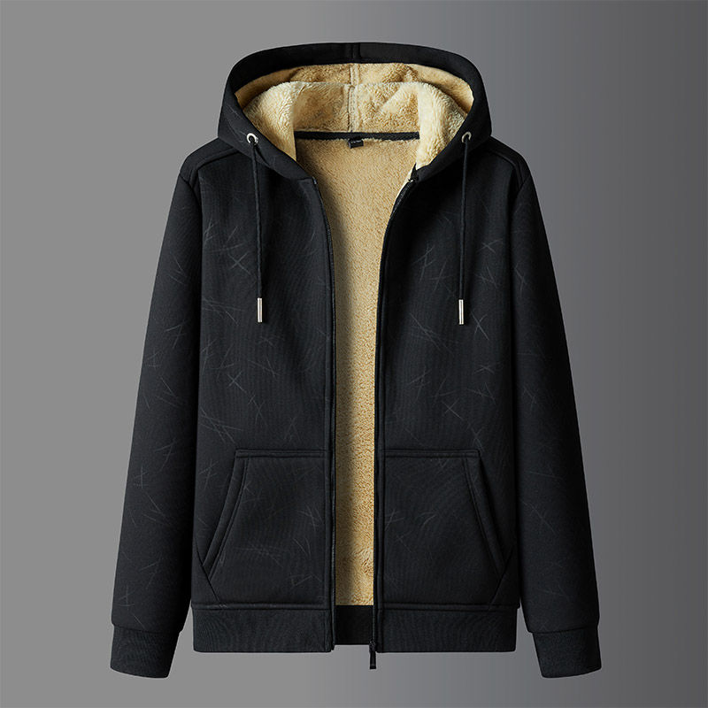 Cross border lambskin men's hoodie with thickened fleece for autumn and winter, hooded sportswear, casual cardigan, and warm jacket