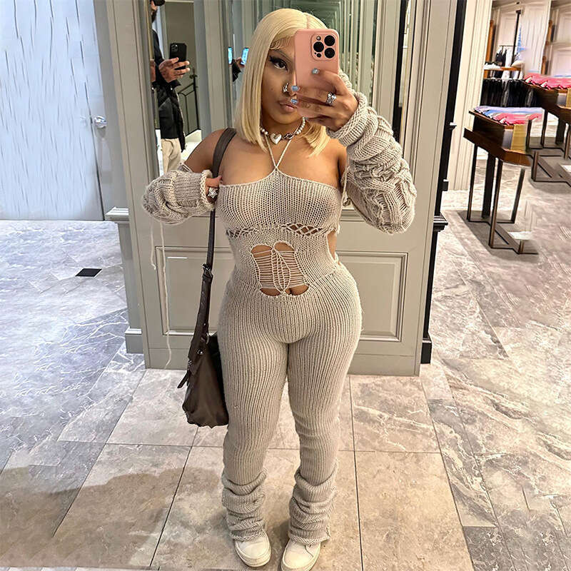 autumn Winter New Woolen Sleeve Cover Halter Lace-Up Hollow Out Jumpsuit Pile Pants B5