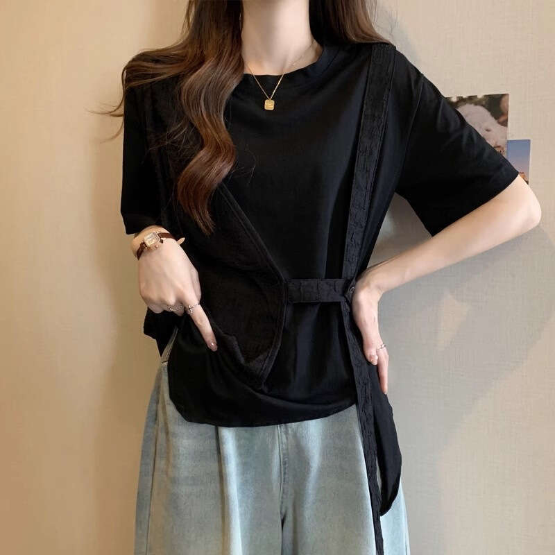 Summer New Women's Short Sleeve T-Shirt, Slimming Loose Fit, Irregular Fake Two-Piece Top For Plus Size Women B5