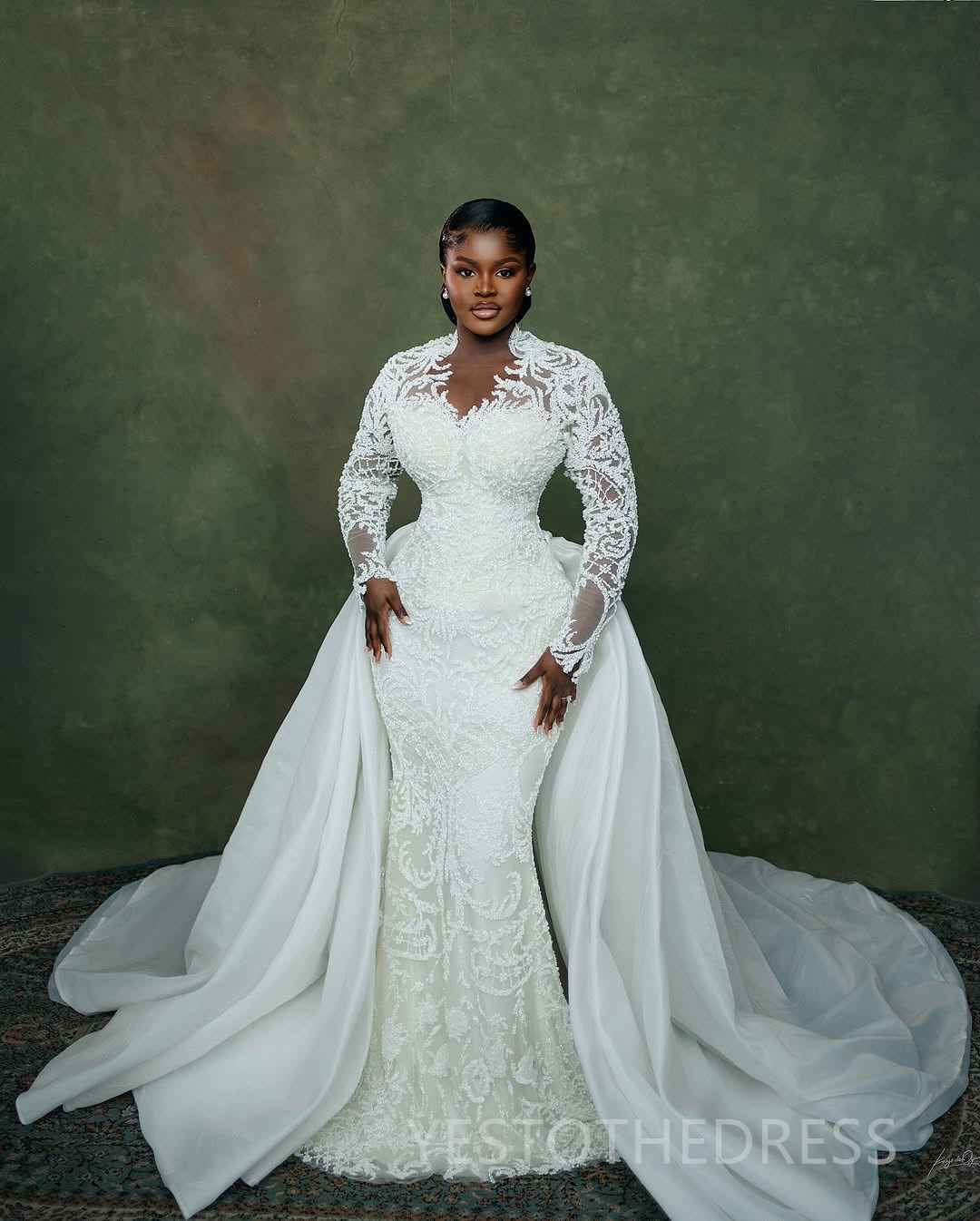 2025 Plus Size Mermaid Wedding Dress Bridal Gowns for Bride Illusion Detachable Train Long Sleeves Beaded Lace Crystals Ruffles Wedding Gowns for Marr