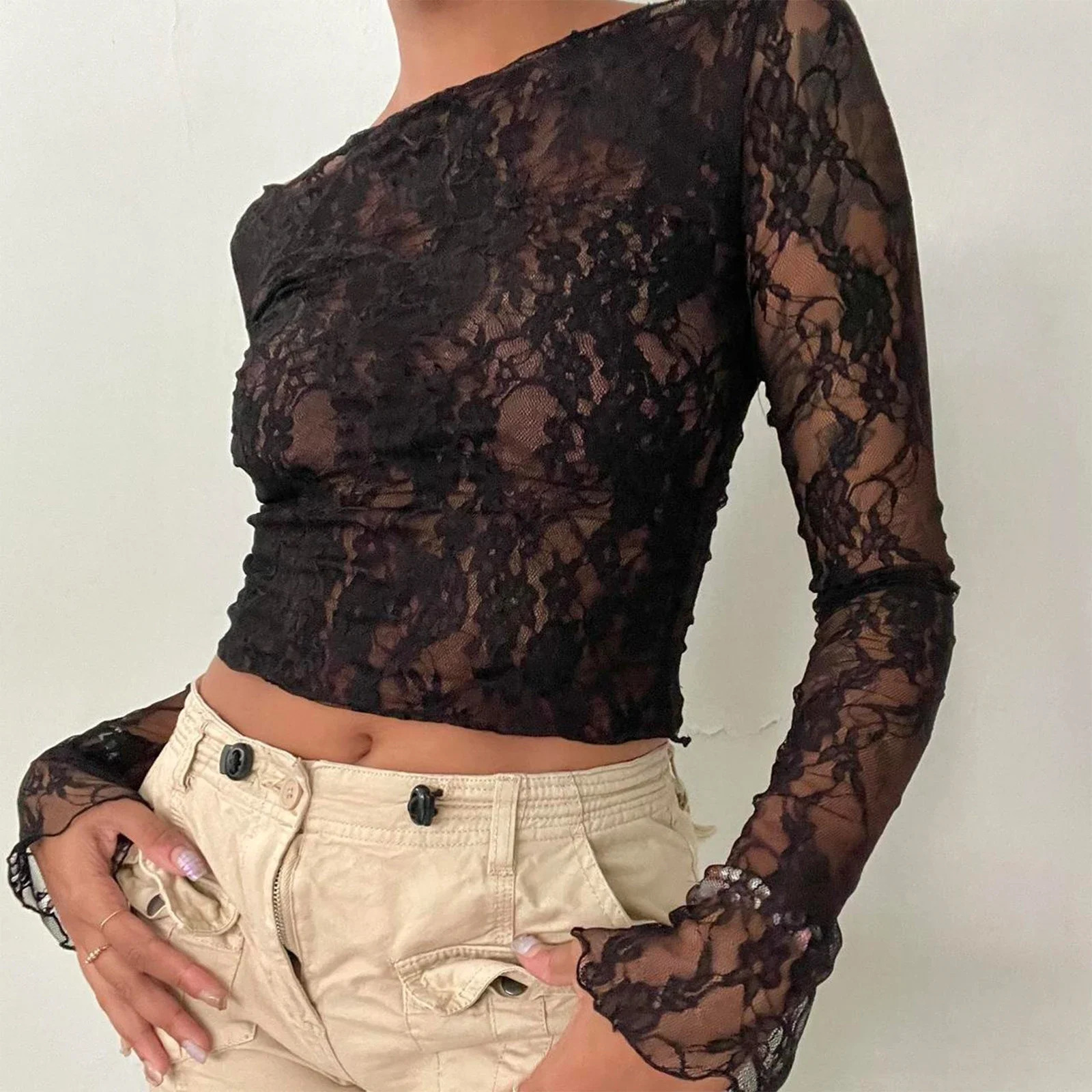 Sexy Women Lace Mesh Sheer Crop Tops Long Sleeve See Through T Shirt Going Out Slim Fit Cover Up Blouse Top