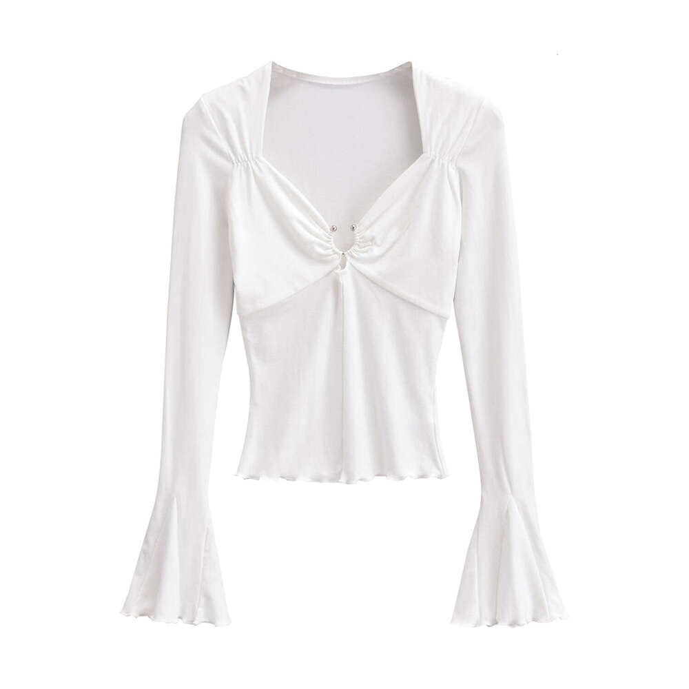 Sexy Hot Girl Collarbone-Exposing Square Neck Metal Ring Hollow Long T-Shirt Women Autumn Flared Sleeve Slim Fit Base Shirt B5