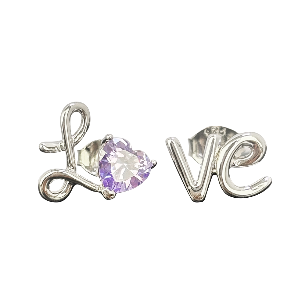 LOVE Eternal Love Violet Zircon Earrings 925 Silver Material Inlaid with Violet Zircon Asymmetric Design Anniversary