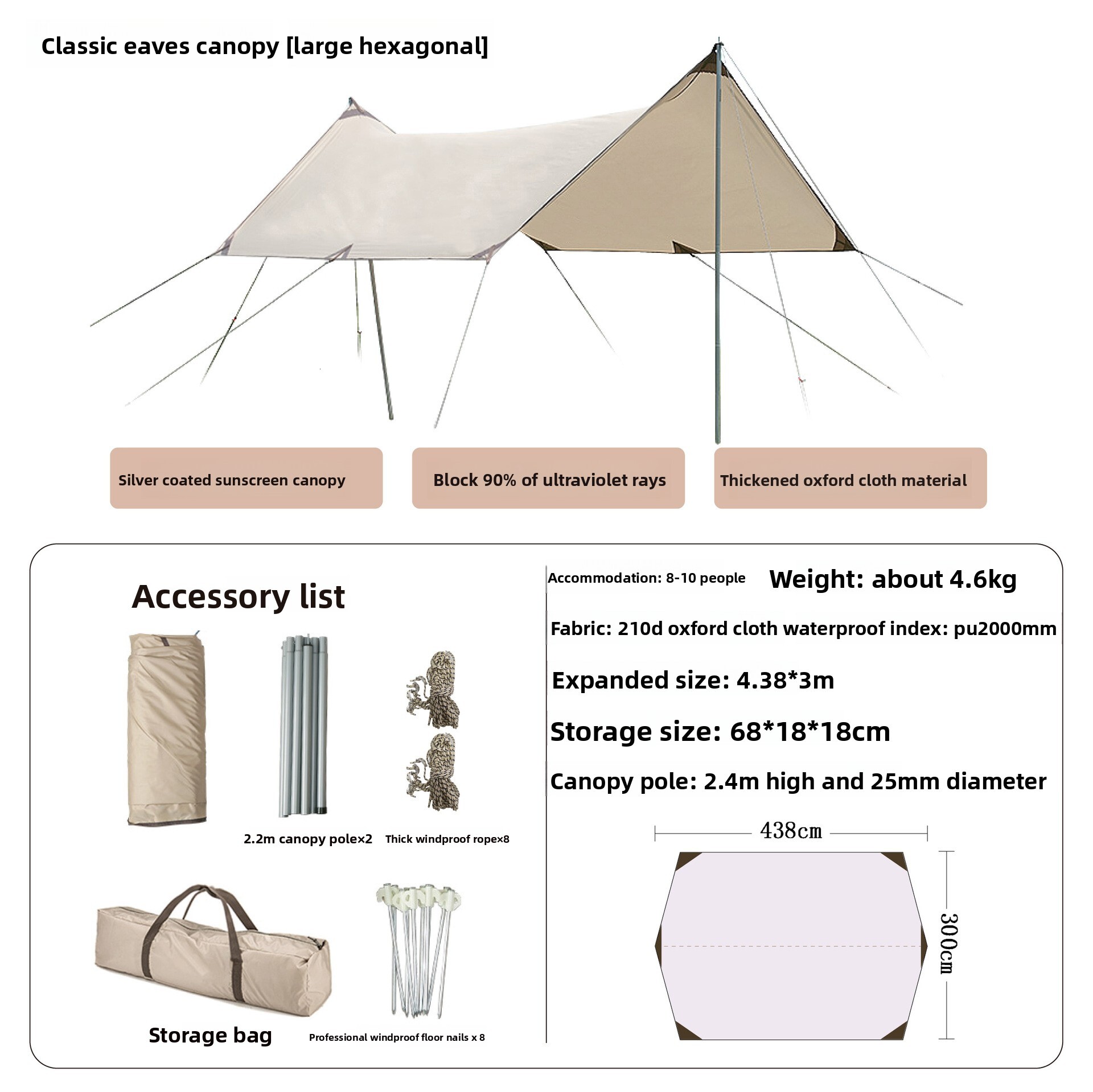 Extra Large Outdoor Canopy Tent Sunshade Camping Picnic Black Coating Windproof Ultra-light Portable Gear Equipment