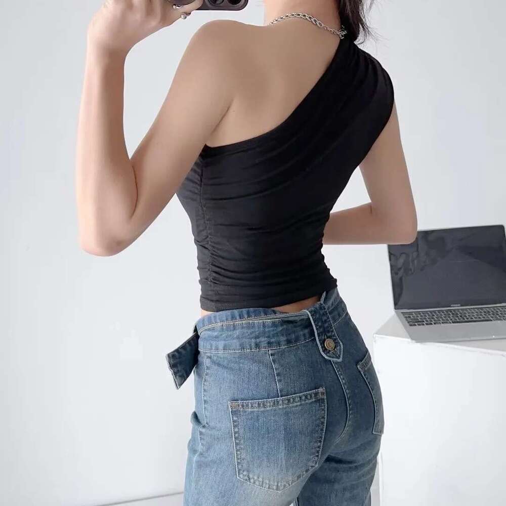 American Style Ins Hot Girl Women Summer Stretch Slim Fit Solid Color Ruched Off-Shoulder Vest Sleeveless Top B5