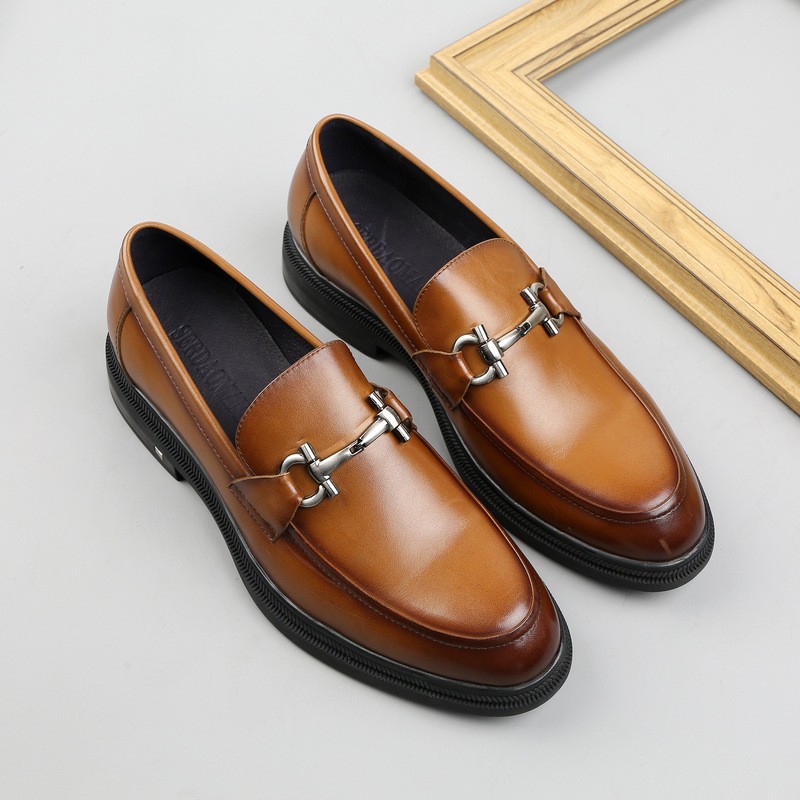 Loafers men's height-enhancing thick sole, leather buckle men's shoes round toe genuine leather soft sole, European style