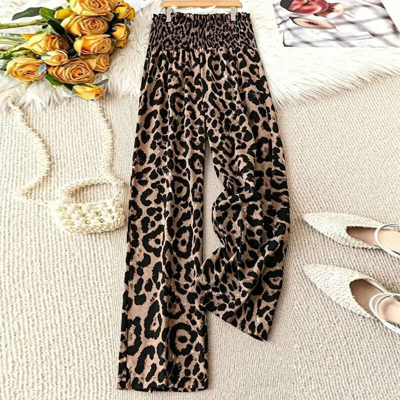 Summer Elegant Leopard Print Casual Straight Women's Pants With Elastic Waist B5
