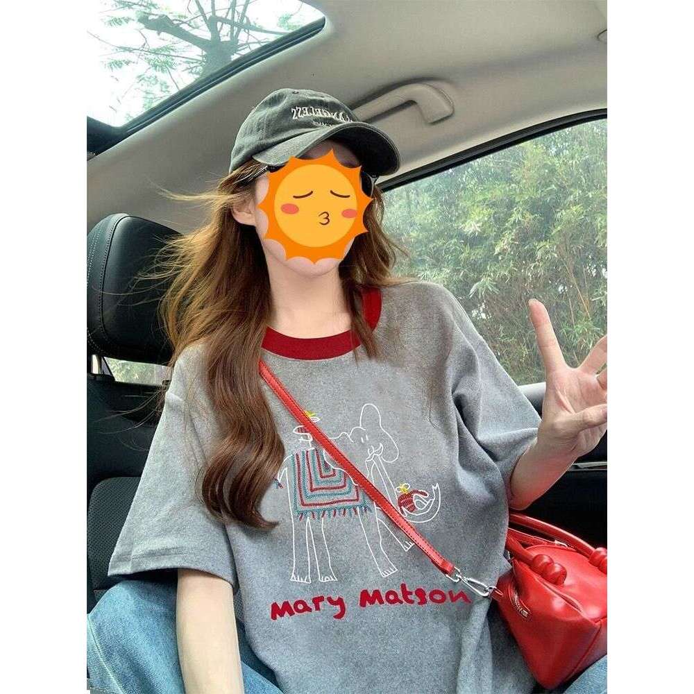 Summer New Korean Style Gray Elephant Short Sleeve T-Shirt For Women, Color-Block, Youthful, Loose Fit, Trendy Top B5