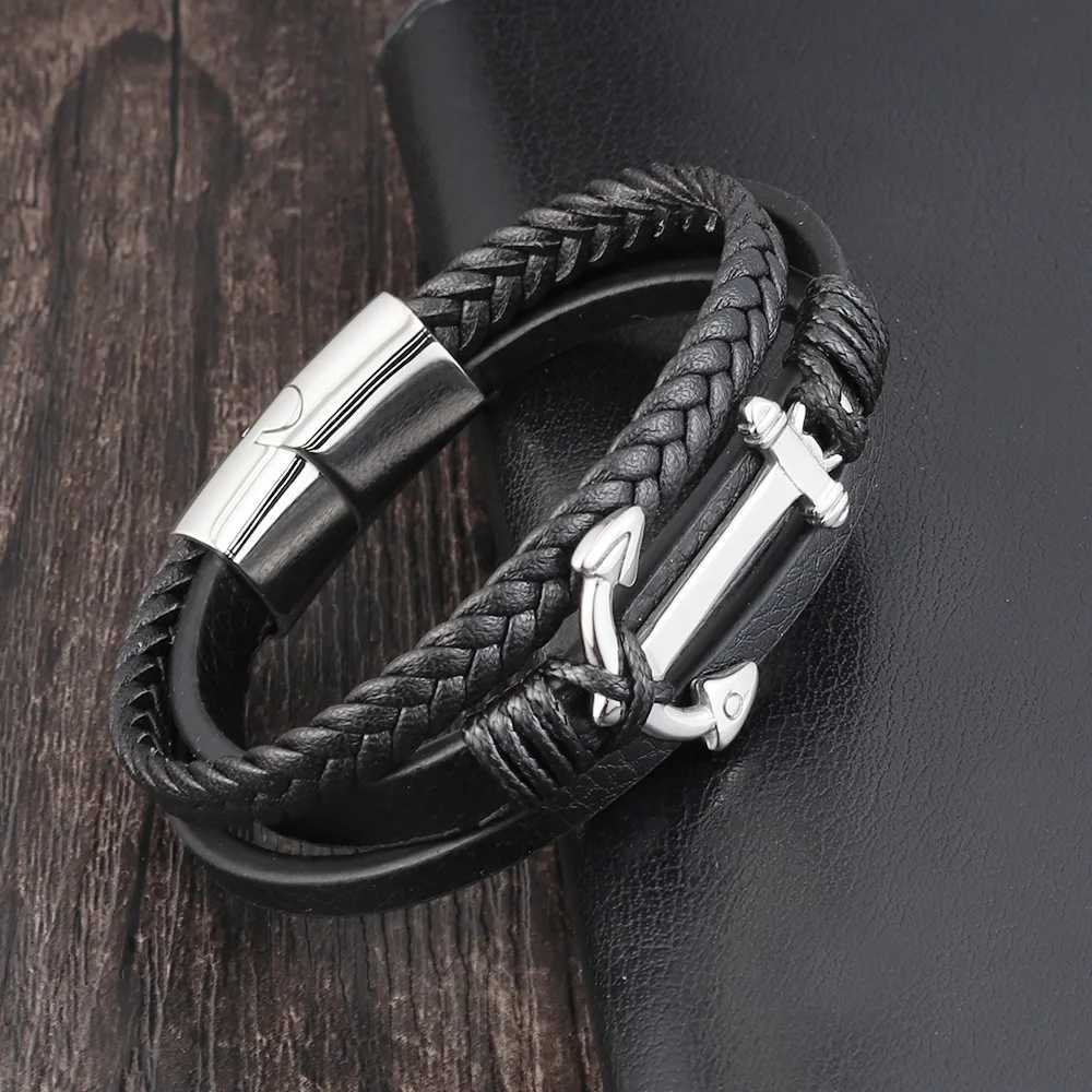 Punk Stainless Steel Anchor Bracelets Genuine Leather Bracelet Bangles for Men Black Color Fashion Jewelry Gift W250709
